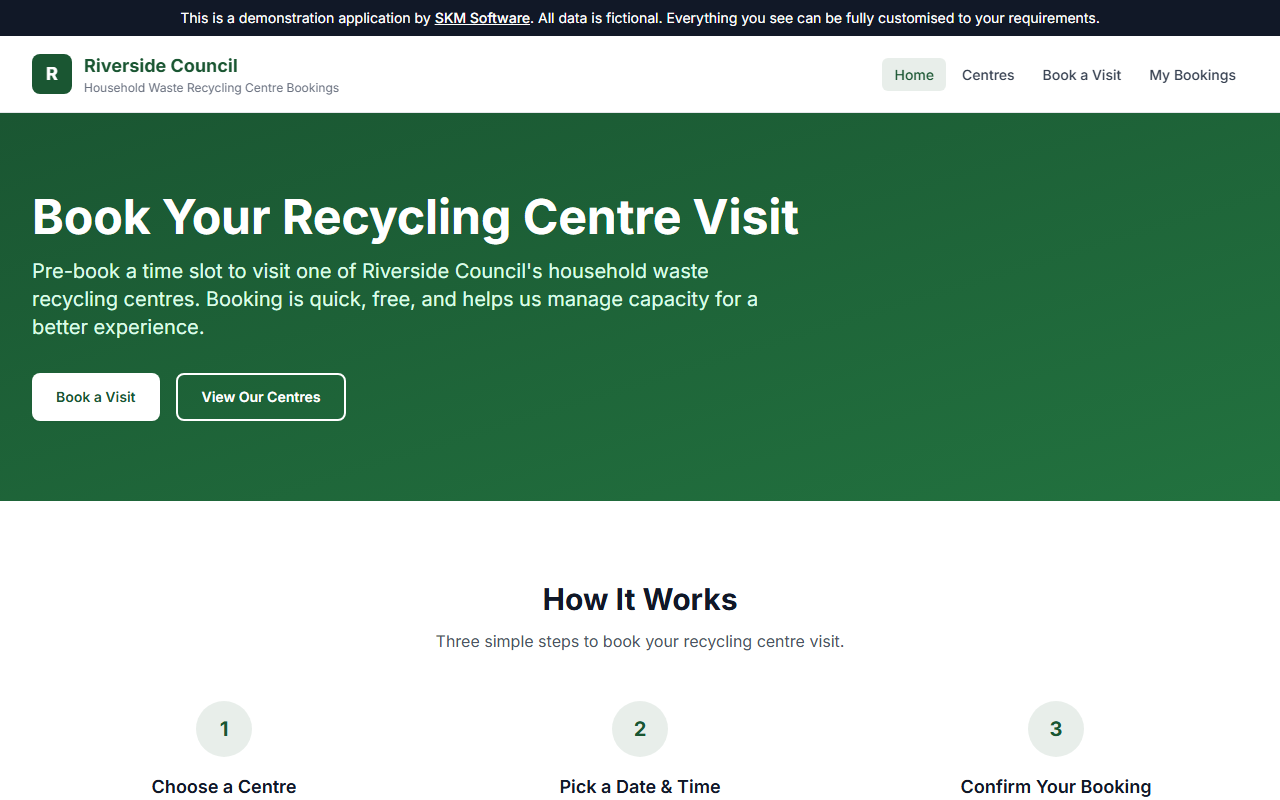 Screenshot of the HWRC booking system homepage, showing the "Book Your Recycling Centre Visit" page with booking options and a three-step how-it-works guide.