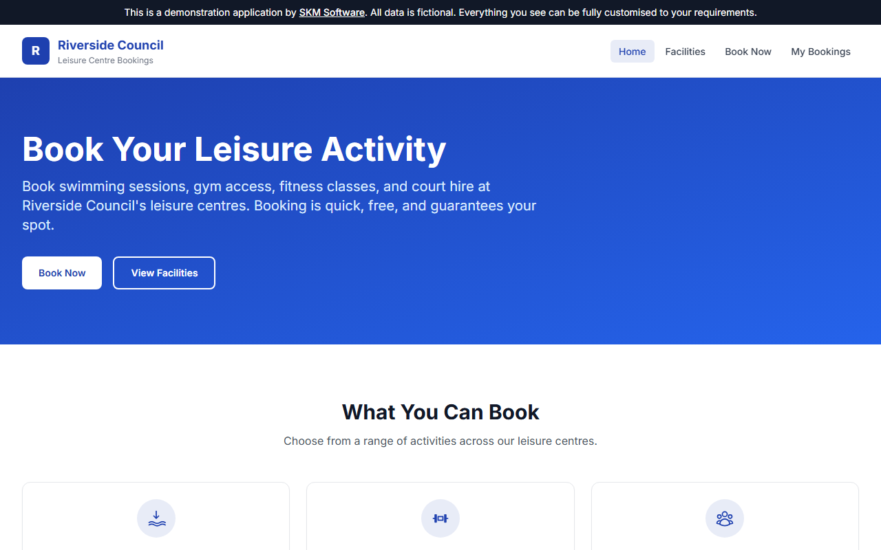 Screenshot of the leisure centre booking system homepage, showing the "Book Your Leisure Activity" page with booking options and bookable activity categories.