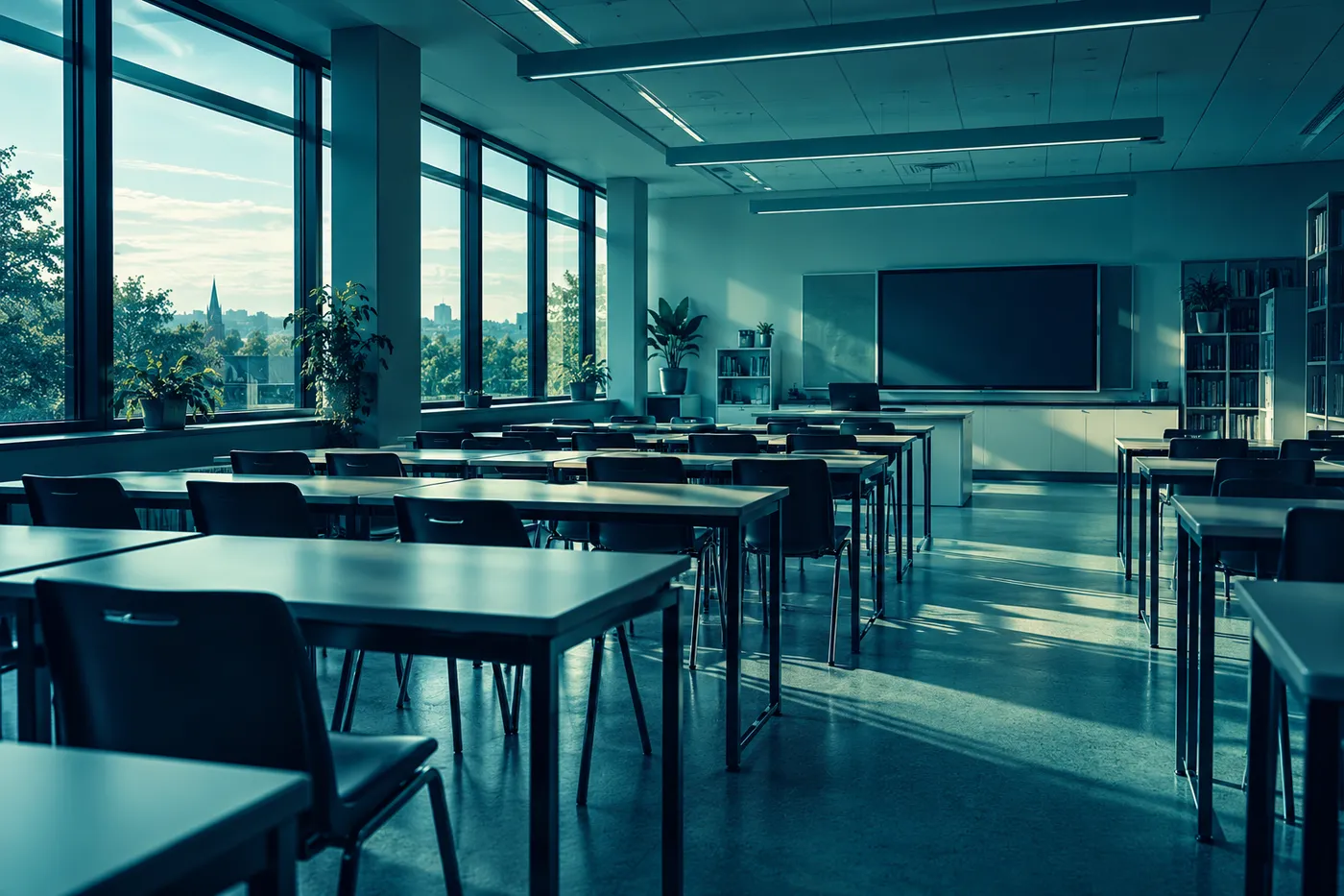 Stylised view of a bright, empty modern classroom with rows of desks, large windows, and an interactive display at the front.