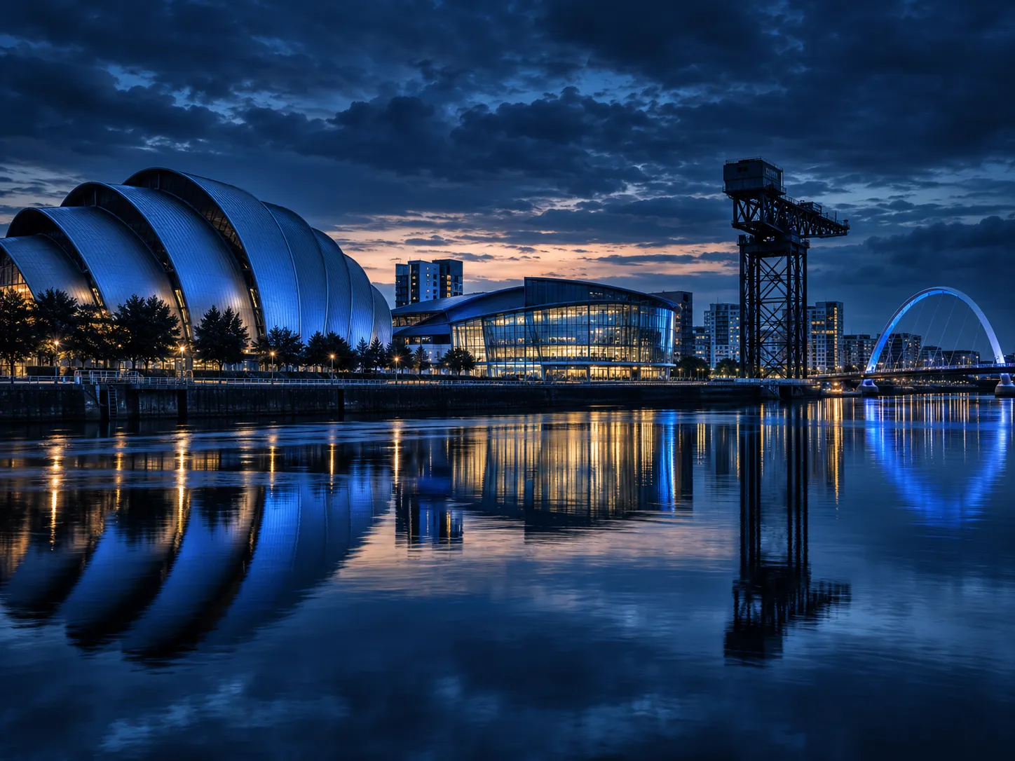 Stylised twilight view of the River Clyde in Glasgow, with the SEC Armadillo, the Finnieston Crane, and the Clyde Arc reflected in the water.